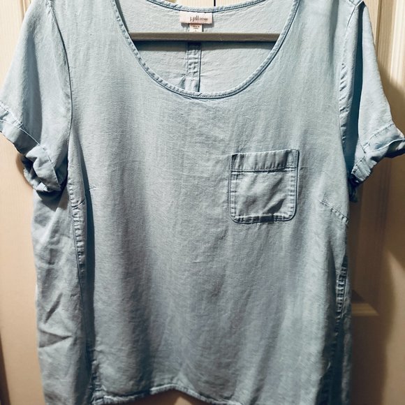 J. JILL DENIM TUNIC TOP SHORT SLEEVE ROUND NECK FRONT POCKET SIZE Large - Picture 4 of 6